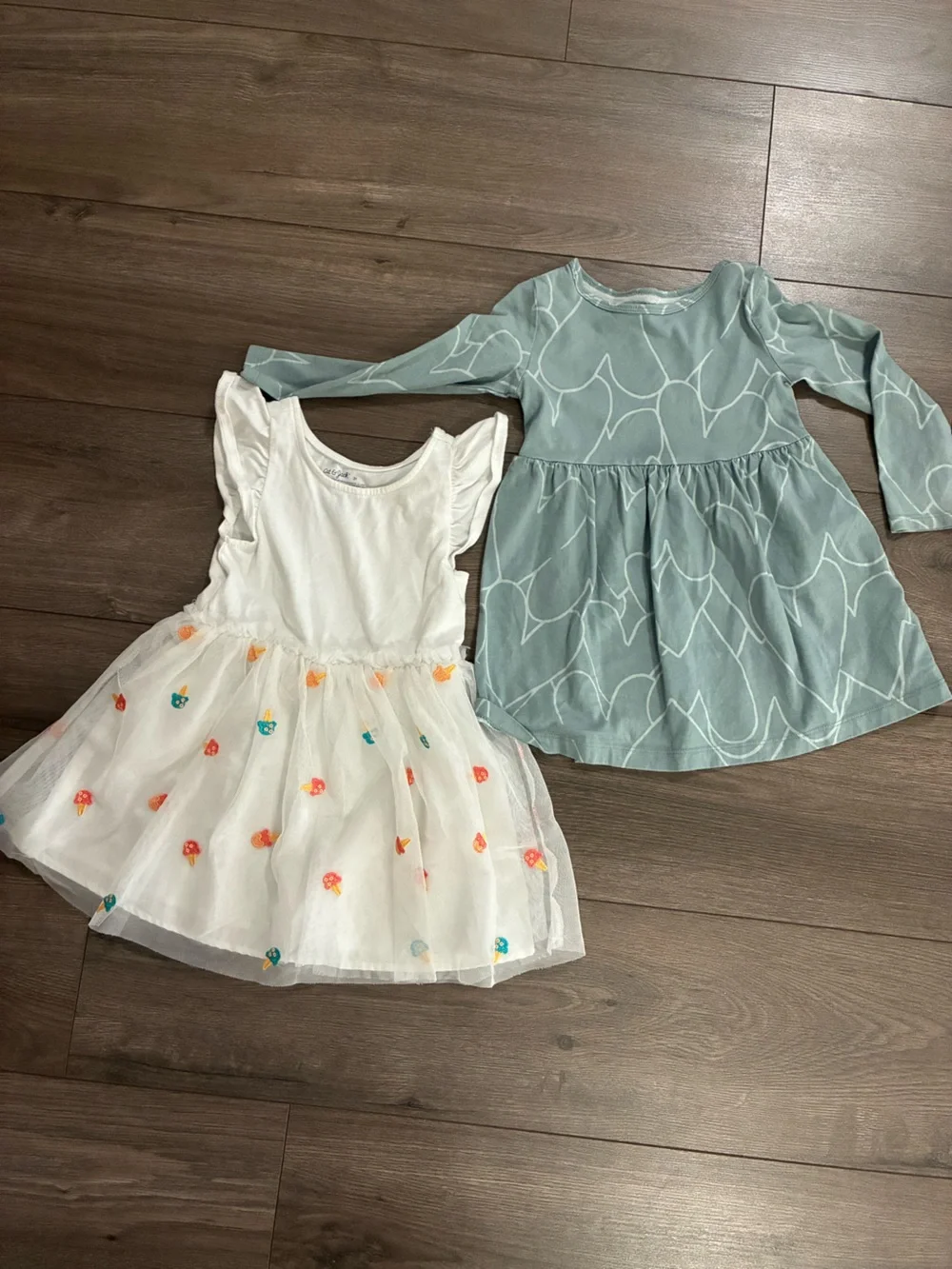 Cat & Jack White Tulle Floral Dress and Sage Green Long Sleeve Dress